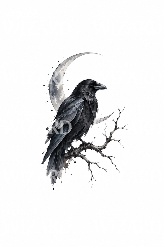 Crow on Branch with Crescent Moon Watercolor Tattoo Design