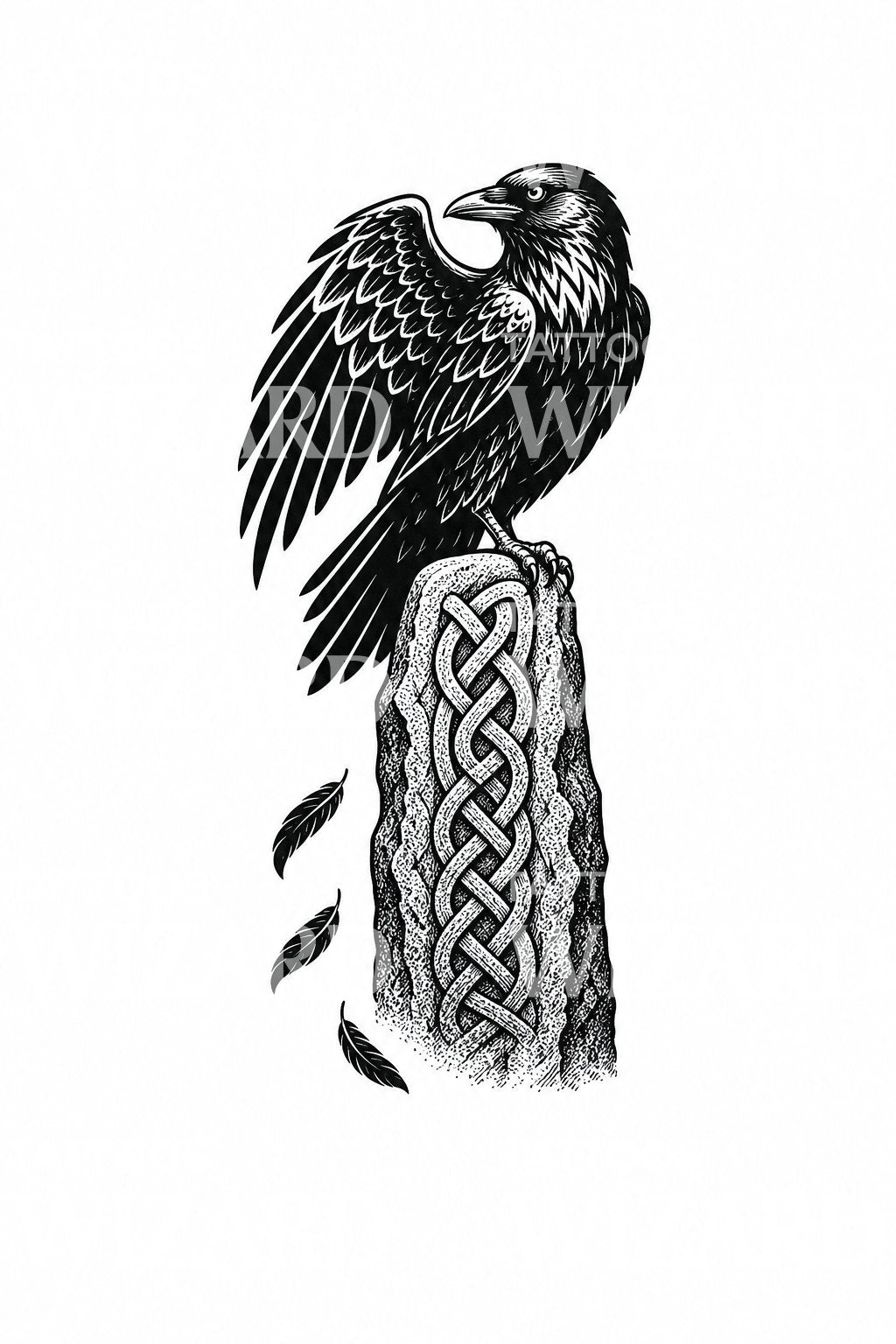 Diseño de tatuaje de un cuervo sobre una piedra erguida celta