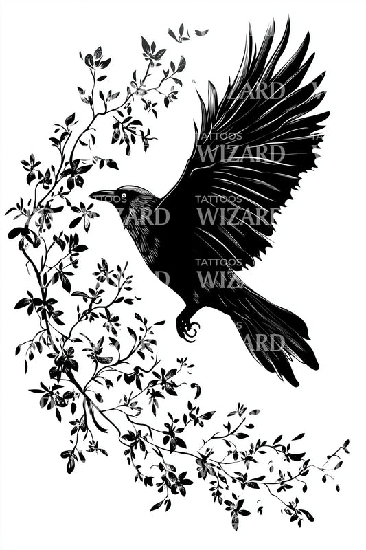 Crow Sakura Arc Tattoo Design