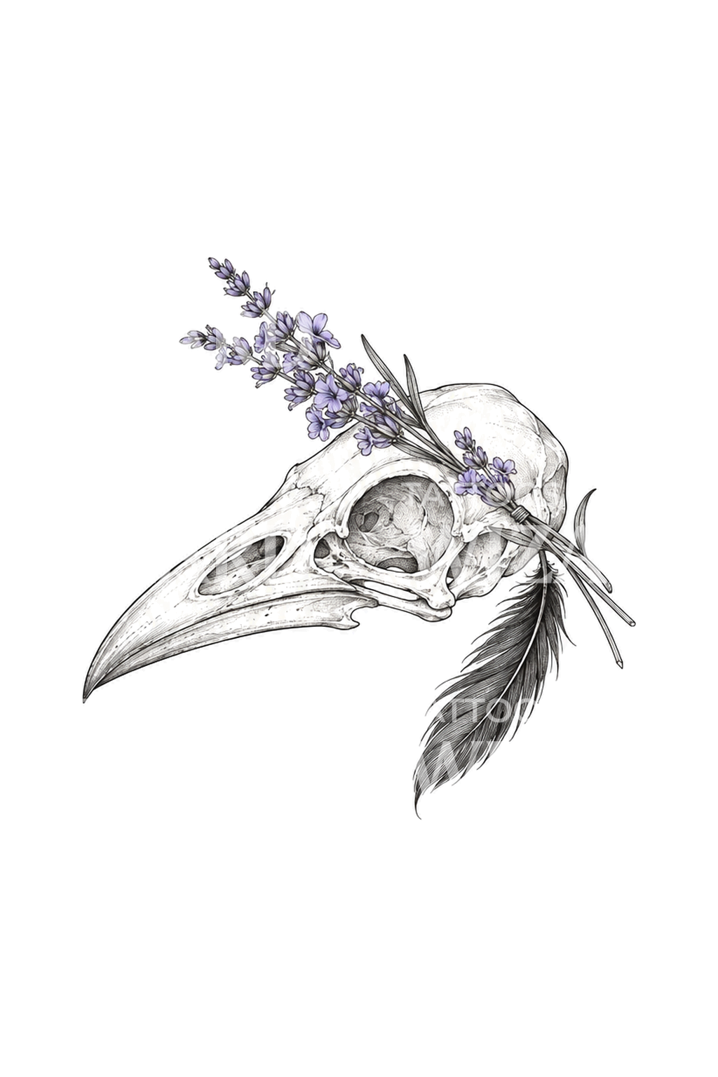 Tatouage fin représentant un crâne de corbeau, lavande et plume