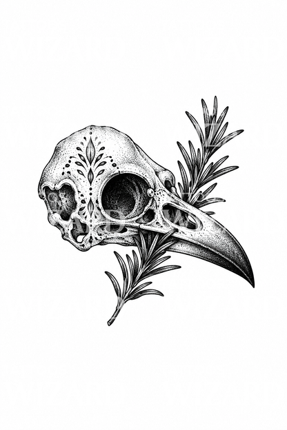 Crow Skull with Rosemary Sprig Dotwork Tattoo