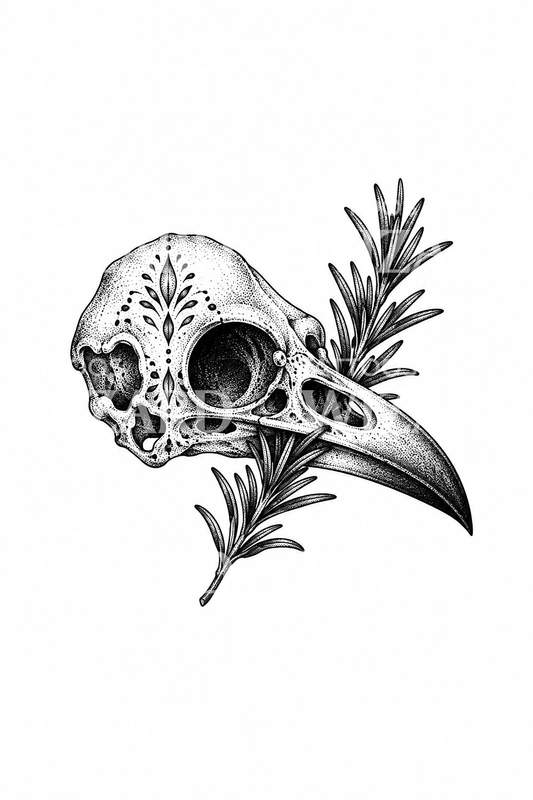 Tatuaje dotwork de calavera de cuervo con rama de romero