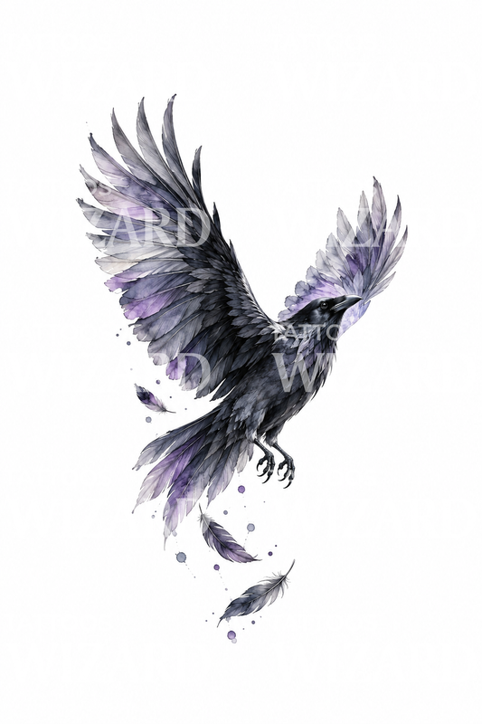 Tatuaje de cuervo alzando el vuelo en acuarela gris y violeta