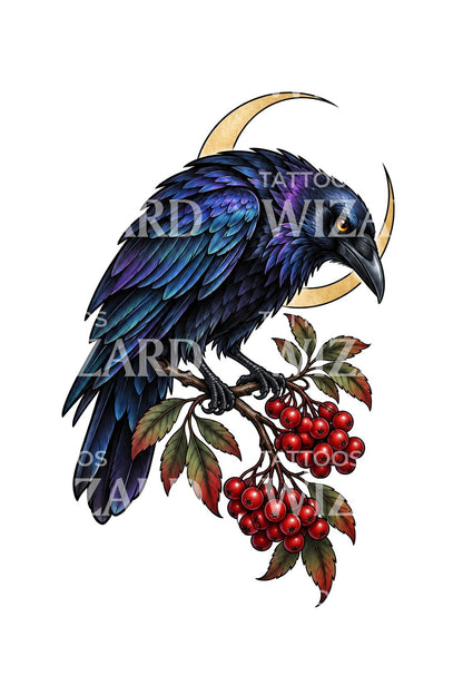 Crow with Rowan Berries and Moon Tattoo Design