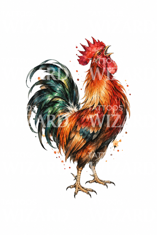 赤と銅の水彩で描く、鳴く雄鶏のタトゥー