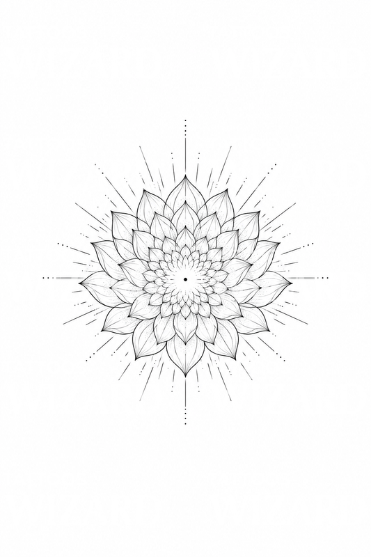 Fineline-tatoeage van een lotusbloem met duizend bloemblaadjes voor het kruinchakra