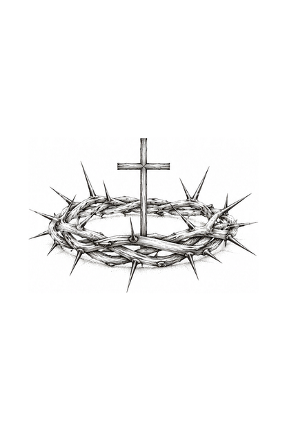 Crown of Thorns with Cross Fine Line Tattoo
