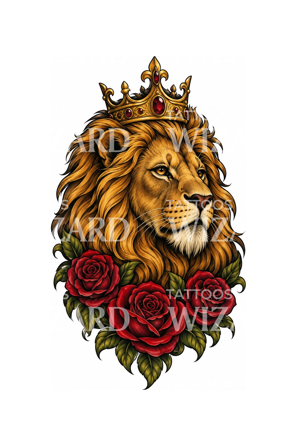 Tattoo-ontwerp van een gekroonde leeuw met rode rozen