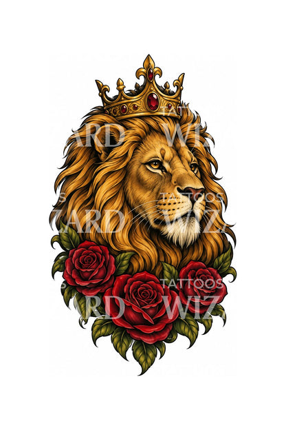 Tattoo-ontwerp van een gekroonde leeuw met rode rozen