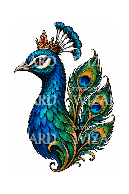 Crowned Peacock Head Tattoo Design