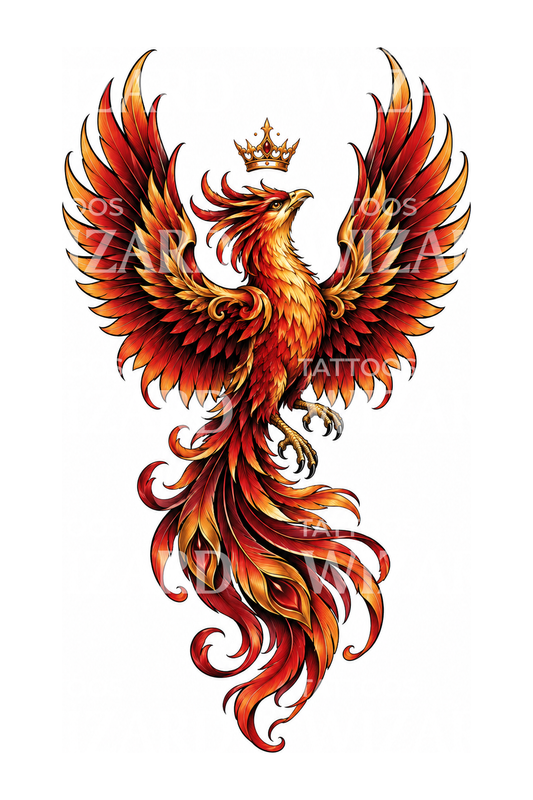 Diseño de tatuaje de fénix coronado en ascenso