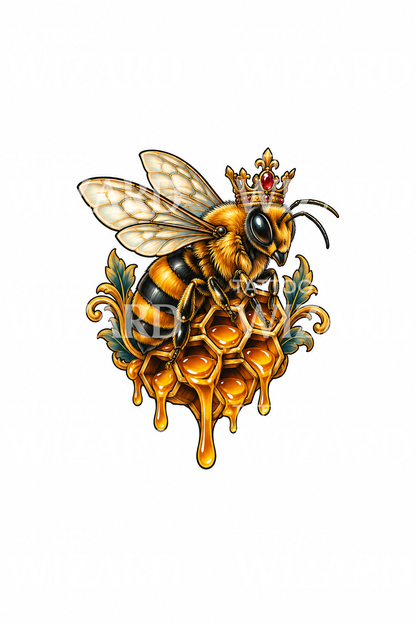 Design de tatuagem de abelha rainha coroada sobre favo de mel a escorrer