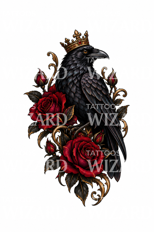 Tatuering med krönt korp och rosor