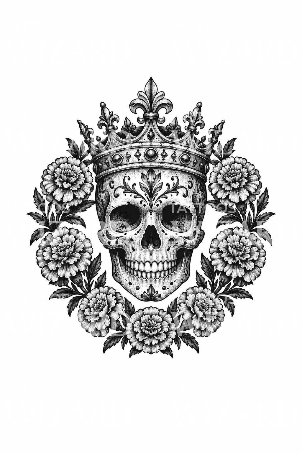 Tattoo einer gekrönten Santa Muerte mit Ringelblumenkranz