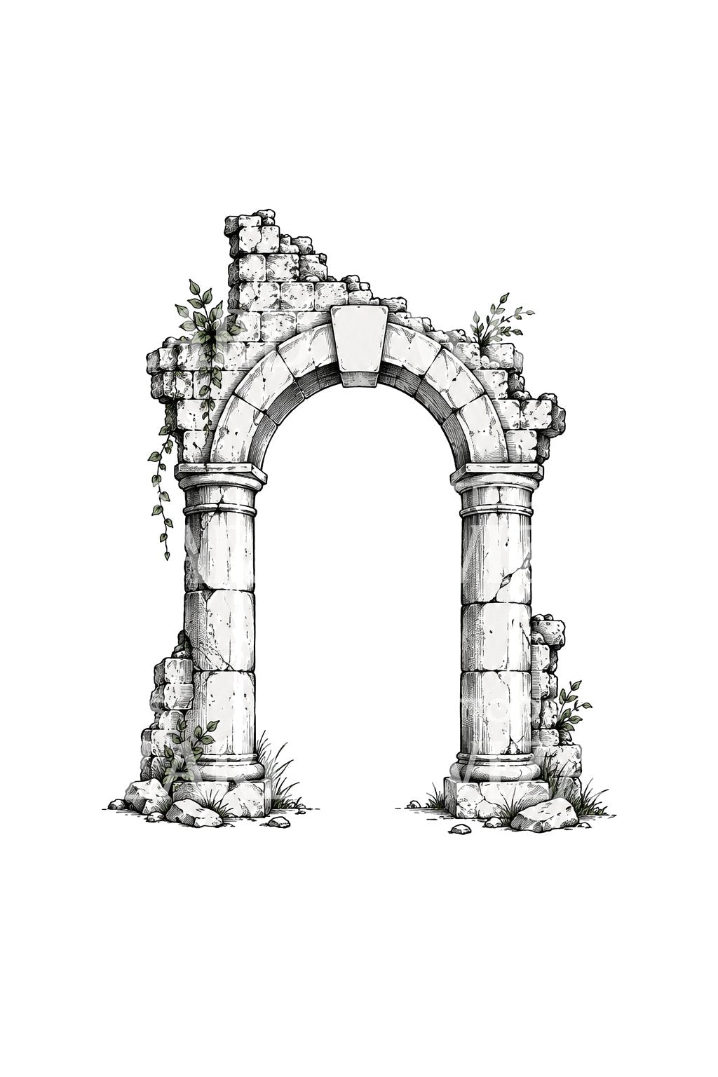 Diseño de tatuaje de arco en ruinas con hiedra, estilo boceto