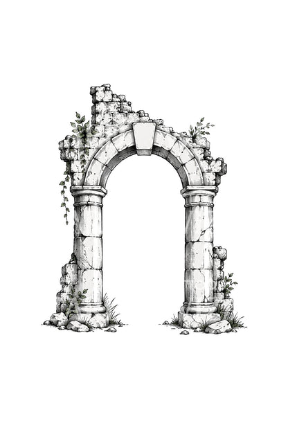 Diseño de tatuaje de arco en ruinas con hiedra, estilo boceto