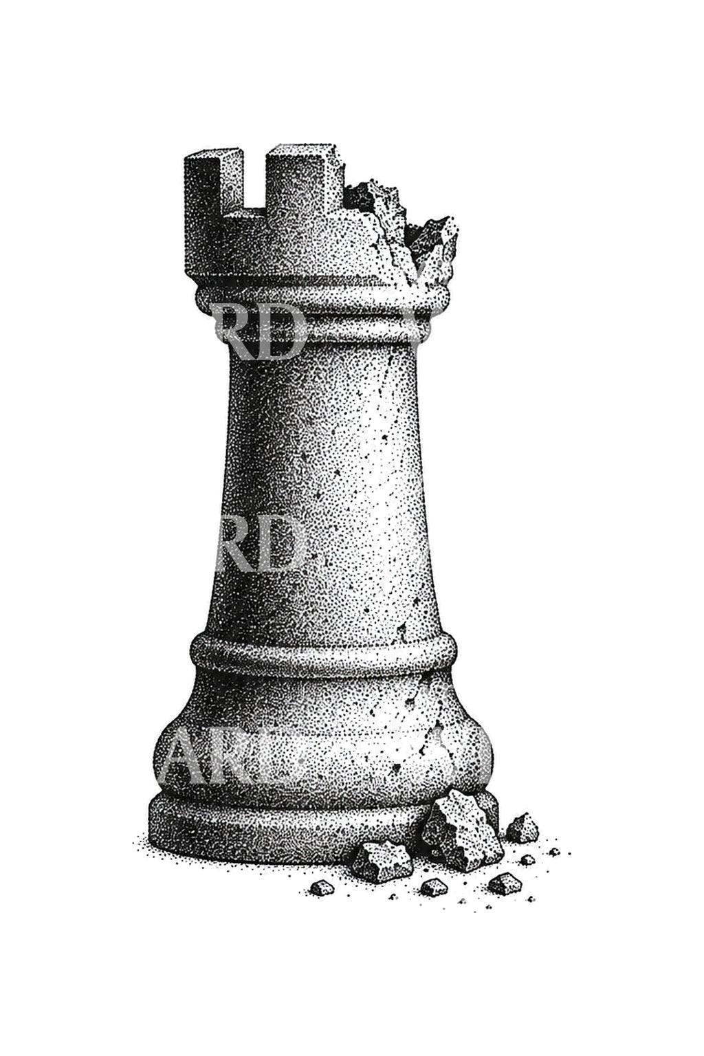 Zerfallender Turm im Stipple-Tattoo-Design