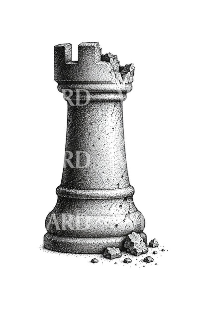Zerfallender Turm im Stipple-Tattoo-Design