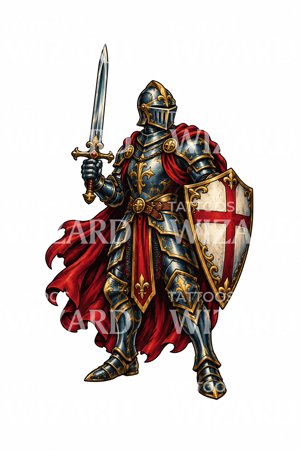 Crusader Knight with Red Cross Shield Tattoo Design