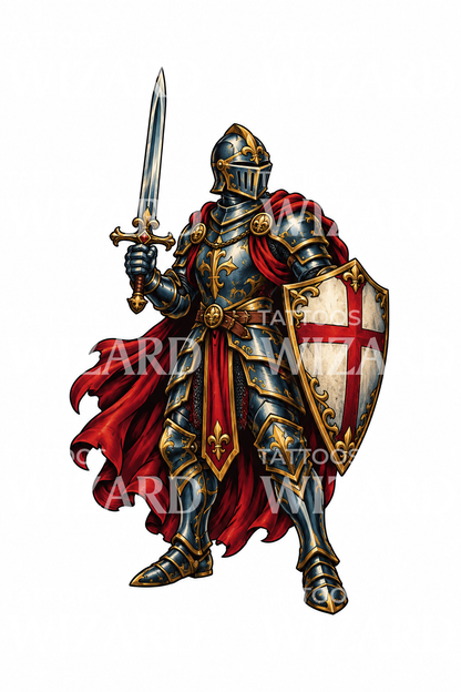 Crusader Knight with Red Cross Shield Tattoo Design