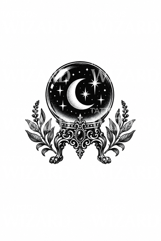 Blackwork-tatueringsdesign med kristallkula och halvmåne