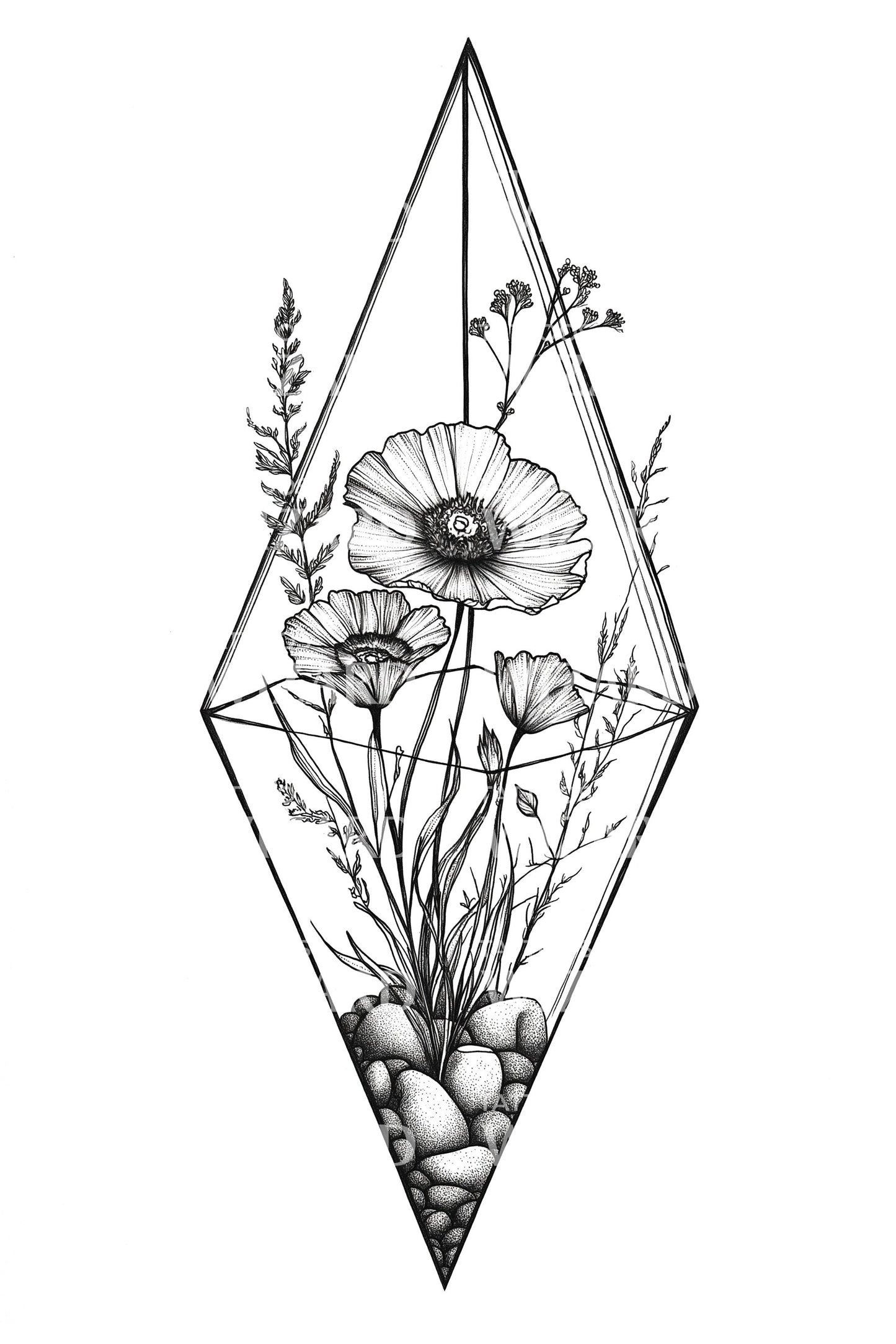 Crystal Frame Florals Tattoo Design