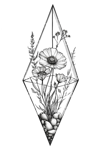 Crystal Frame Florals Tattoo Design