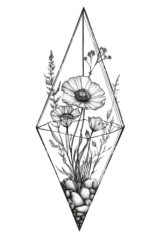 Crystal Frame Florals Tattoo Design