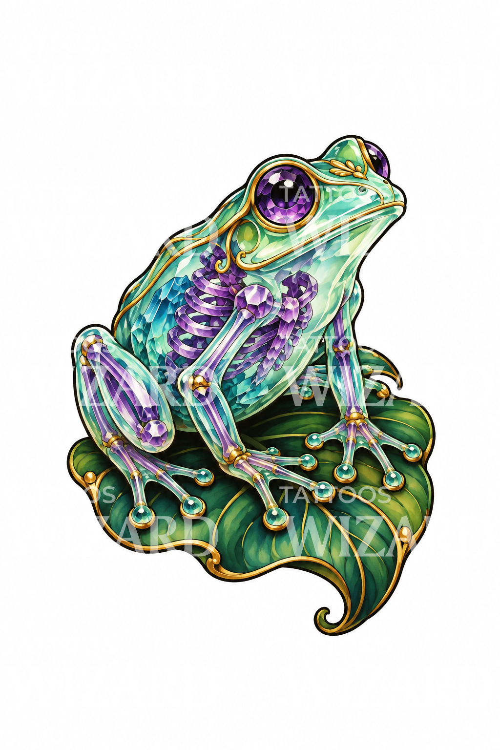 Tatuaje neo tradicional de rana de cristal sobre nenúfar