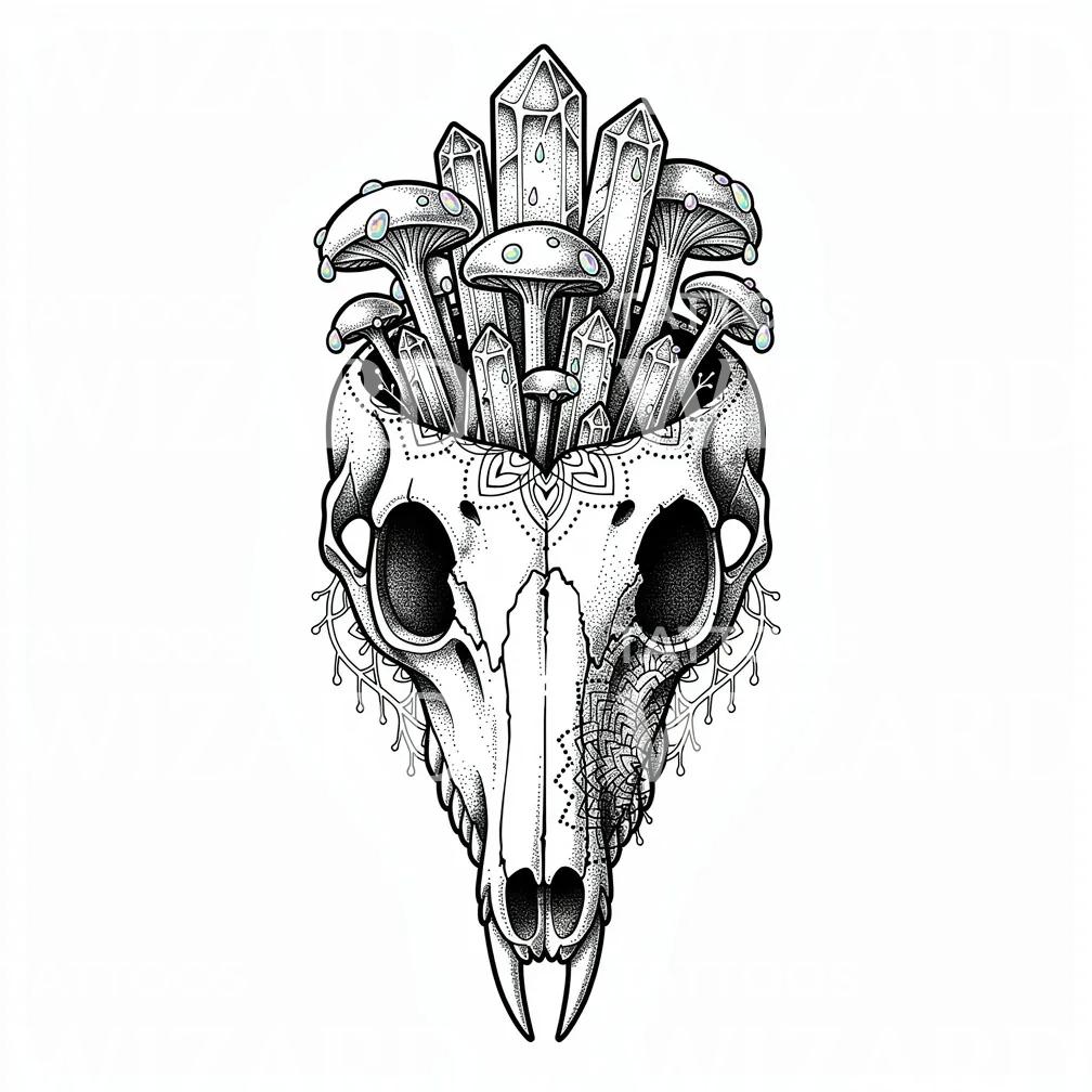 Crystal Mushroom Skull Tattoo Design