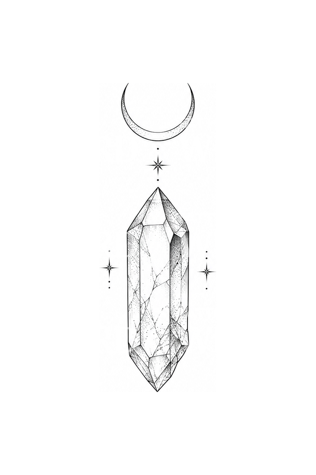Fine-Line-Tattoo-Idee mit Kristallspitze und Mondsichel