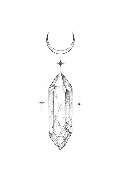 Fine-Line-Tattoo-Idee mit Kristallspitze und Mondsichel