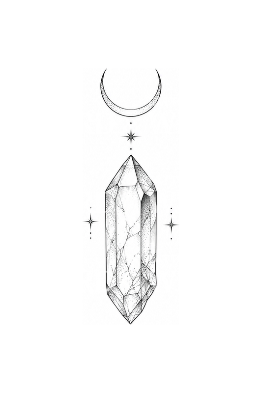 Fine-Line-Tattoo-Idee mit Kristallspitze und Mondsichel