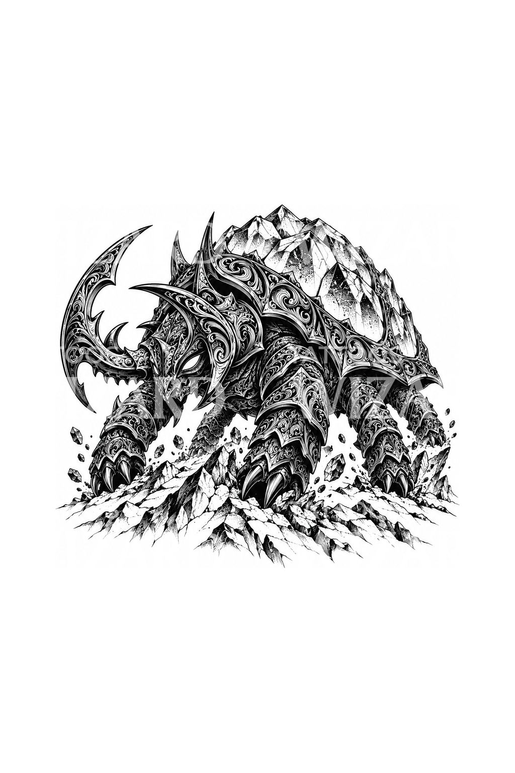 Design tatuaggio bestia kaiju dal guscio di cristallo
