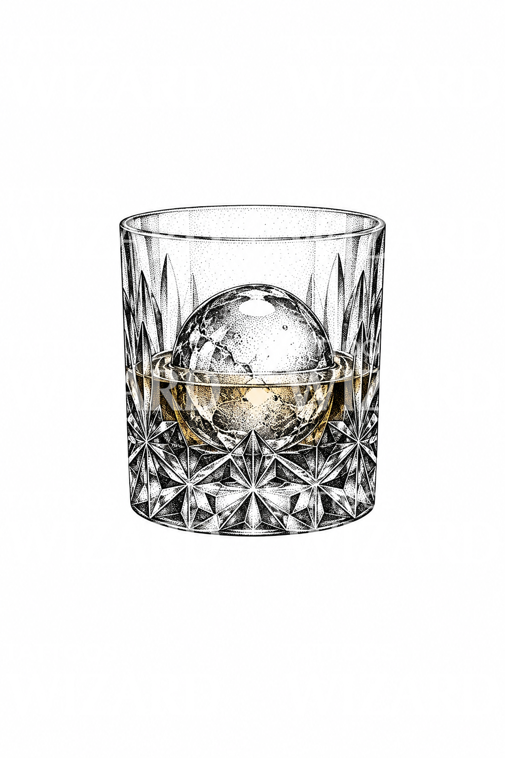 Copo de whisky em cristal com esfera de gelo, tatuagem