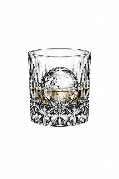 Copo de whisky em cristal com esfera de gelo, tatuagem