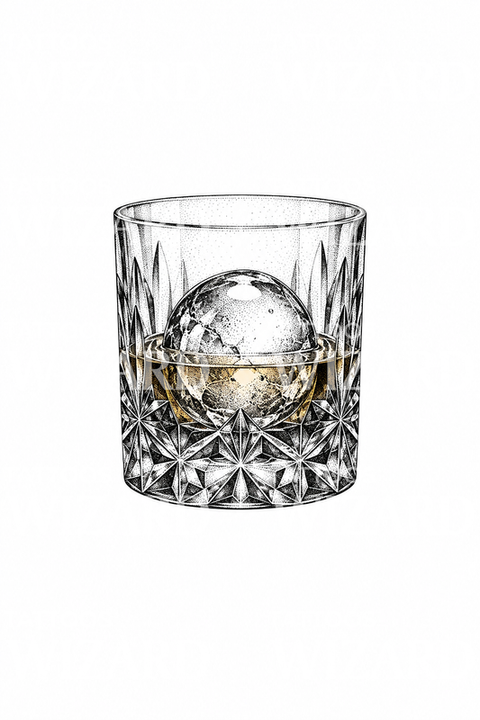 Kristály whiskyspohár jéggömbbel, tetoválásdesign