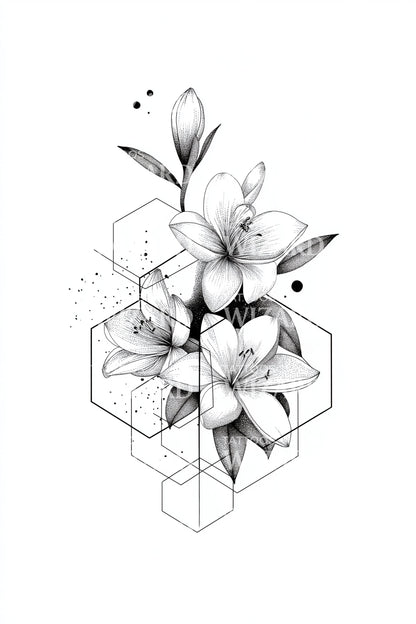 Kubisk Magnolia Bukett Tatuering Illustration