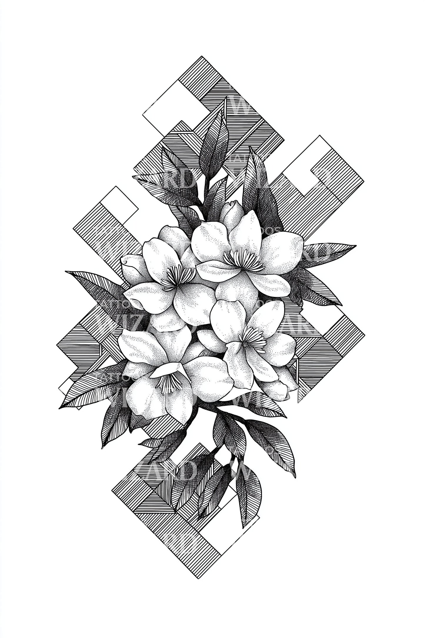 Cubist Plumeria Grid Tattoo Illustration