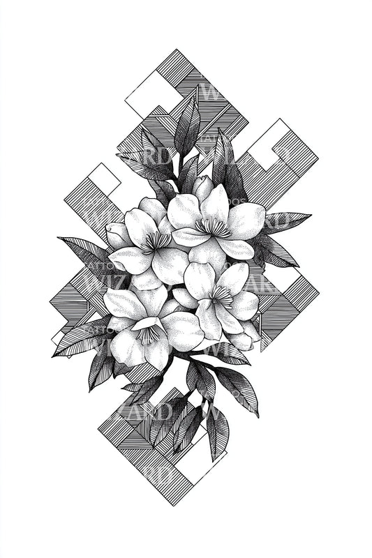 Cubist Plumeria Grid Tattoo Illustration