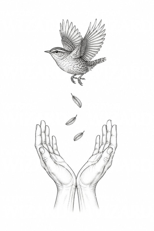 Cupped Hands Freeing a Wren Tattoo Illustration