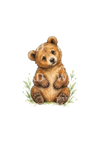 Akvarelová ilustrace tetování zvědavého medvíděte