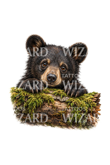 Curious Cub Over Mossy Log Realism Tattoo Design