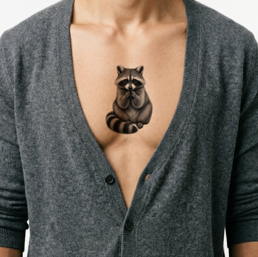 Design de tatouage raton laveur curieux en noir et gris