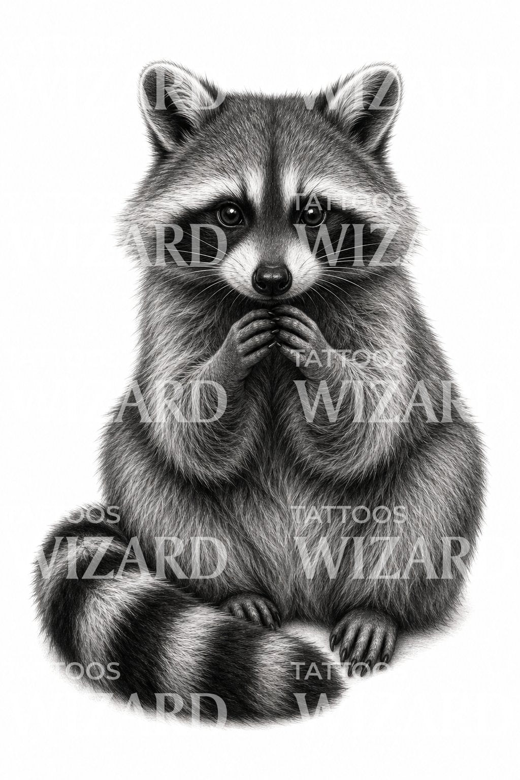 Design de tatouage raton laveur curieux en noir et gris