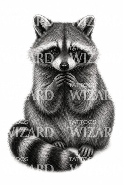 Design de tatouage raton laveur curieux en noir et gris
