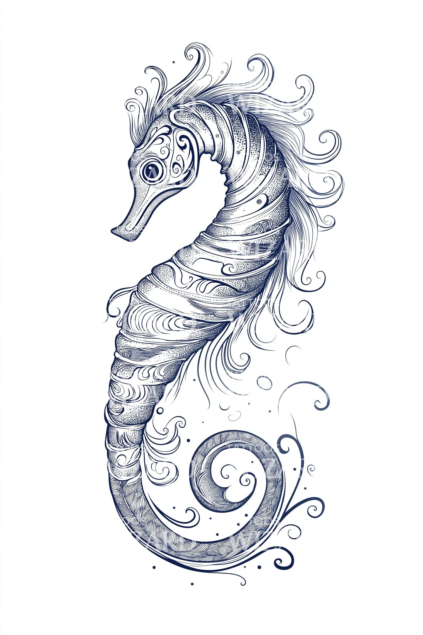 Curled Blue Seahorse Tattoo Design