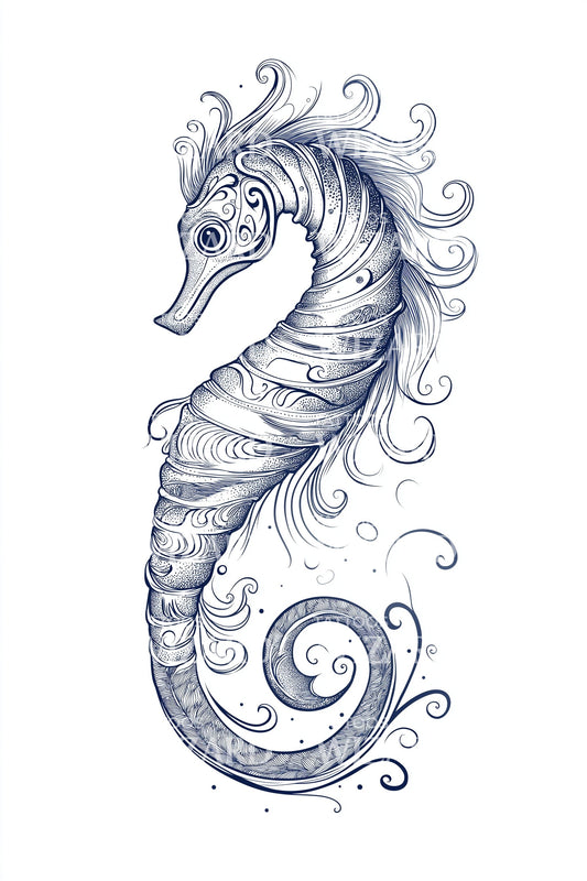 Curled Blue Seahorse Tattoo Design