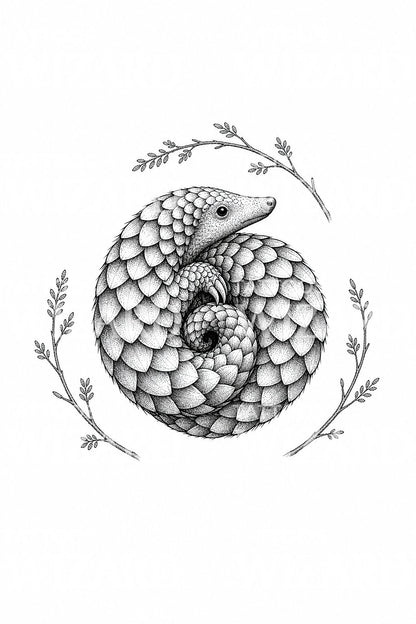 Tatueringsillustration av hoprullad myrkott med fjäll