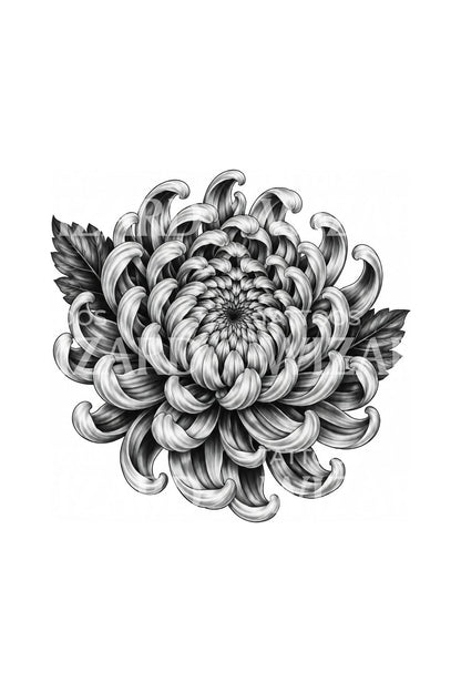 Realistische tattoo-illustratie van chrysant met gekrulde bloemblaadjes